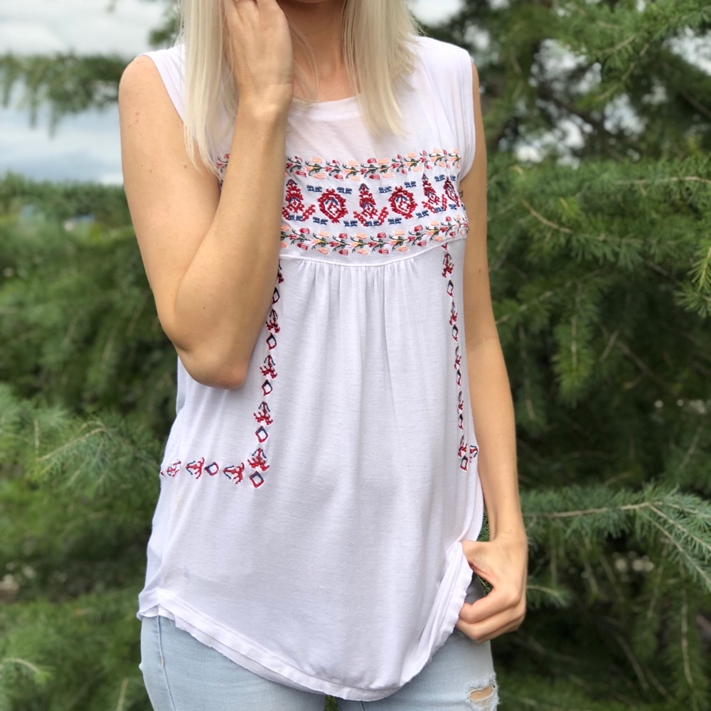 Embroidered cap sleeve top